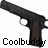Pixelated static image of a handgun with brown grip and dark barrel, positioned diagonally against white background, with "Coolbuddy" text below in pixel font.