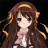 Pixelated anime-style character with long brown hair, golden halo, and white top against black background.