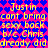 Pixelated text in yellow on a pink and blue patterned background, repeating phrases across two