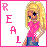 Pixel art of a blonde girl in pink top and blue jeans with 'REAL' text on left, showing animation changes