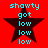 Red background with four identical star-shaped icons, each containing cyan text reading 'showty got low low low' in a pixelated font.