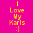 Yellow text on pink background with blue rectangular overlays cycling through different positions around the words "I Love My Karls :)".