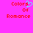 Pixelated text 'Colors Of Romance' in red on bright pink background with cyan heart symbol replacing 's' in 'Colors' on left side.