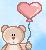 Pixelated cartoon bear holding a heart-shaped balloon against a light blue gradient background.