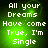 Green pixelated background with white text reading 'All your Dreams Have come True, I'm Single' in four identical arranged in a