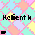A static contact sheet of two identical frames showing a pastel-colored diamond-patterned background with black text "Relient k" and a small black heart symbol in the bottom-left corner.