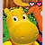 Yellow cartoon character with large eyes and a rounded body, surrounded by pink hearts on green background.