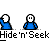 Animated contact sheet of a pixel art character performing hide-and-seek actions with speech bubbles and text labels across multiple frames.