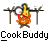 Pixelated 50x50 static icon showing a cartoon chef figure cooking over an open fire with text "CookBuddy" below, set against gray background.