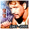 A static image shows a man in a white tank top with a gold chain, holding a purple object with a white heart symbol, against a blue and purple pixelated background with two smaller identical portraits on the left.