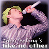 Pixelated image of a person in a light green cap and purple striped shirt holding a white microphone against a dark background with text overlay.