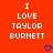 Red background with white pixelated text reading "I LOVE TAYLOR BURNETT" and two blue pixelated hearts at the bottom.