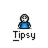 Animated contact sheet of a pixelated character in blue shirt with multiple poses and text overlays on gray background