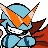 Pixelated cartoon character with blue body, orange bow tie, and brown cape in dynamic pose against white background.