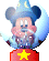 Pixelated cartoon character with large ears, blue hat, and mustache inside a light blue circular frame above red base with yellow star.