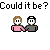 Pixel art of two figures holding hands with 'Could it be?' text above and 'LOVE' below, displayed across multiple color variations.
