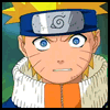 Naruto character with spiky yellow hair, blue eyes, and whisker marks wears a silver headband with spiral symbol over orange jacket and white fur collar.
