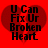 Two red heart-shaped icons with black pixelated text on a solid red background, each containing distinct phrases.