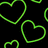 Green neon heart outlines float above pixelated text reading 'Kyra + Kyle' and 'for ever and ever <3 baby' on a black background.