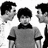 Three pixelated figures with black hair and gray clothing, one wearing a bow tie, positioned against a white background.