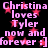 Pixelated pink text on black background with red stars, repeating 'Christina loves Tyler now and forever :]'.