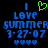 Blue pixelated text reads 'I LOVE SUMMER 3·27·07' with a green heart symbol above 'I' on the left side, and four blue hearts below the text on a black background.