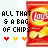 Pixelated image of a red Lay's potato chip bag with yellow chips visible, accompanied by text and colored hearts.