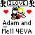 Pixel art of two characters embracing, surrounded by red hearts and text bubbles reading "ILOVE" and "YOU MEU", with repeated text below.