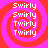 Four identical pixelated spiral icons with red and pink concentric rings, each displaying the text "Swirly Swirly Twirly Twirly" in white block letters arranged in a spiral pattern.