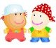 Pixelated cartoon characters in red overalls and yellow shirts with green sleeves, some wearing light blue helmets or red-and-white bandanas, smiling against a gray background.
