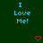 Dark green background with repeated cyan text "I Love Me!" and red heart symbols in a pattern