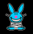 Pixelated blue bunny with pink nose and white teeth on spring base, next to scattered white text fragments.