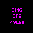 Four display the text "OMG ITS KYLE!!" in purple pixelated font on black backgrounds, with red bars covering different lines in each