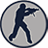 Circular icon with dark blue border containing a dark blue silhouette of a figure in a dynamic pose against a light gray background.