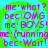Pixelated text in purple on a green and cyan spiral background, repeating phrases like "me·what?" and "bec·OMG" across four identical