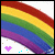 A rainbow arc spans the top of a white background with small scattered dots, while a heart symbol changes color in the bottom-left corner.