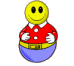 Yellow smiley face character in red polka-dot shirt and blue base with yellow belt, shown across multiple poses on gray background.