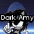 Pixelated cartoon character with blue hood, black hair, and white face points right while text 'Dark Army' appears left of the head.