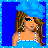 Pixelated image of a woman in a blue dress with a blue hat, holding a blue bag, against a blue background with text reading "Miss Blue!!*".
