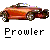 Pixelated image of a red convertible car with visible wheels and headlights, positioned above the text 'Prowler' on a gray background.