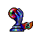 Pixel art of a stylized trophy with a spherical top, blue and gray body, and red-orange base on a gray background.
