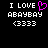 Pixelated text and symbols on black background with one frame showing a pink heart replacing the 'O' in LOVE.