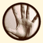 12 monochrome icons featuring human body parts within geometric shapes, including hands in circles and triangles, mouths in triangles, eyes in diamonds and squares, and ears in various frames
