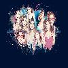 Pixelated static image of multiple figures in a group pose with abstract background elements, rendered at low resolution on dark blue backdrop.