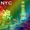 Four distinct New York City-themed visual elements arranged in a , each with unique text and imagery