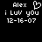 Pixelated text and symbols on black background with one frame showing a heart symbol above 'Alex' while the other shows plain text.