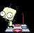 Pixelated cartoon character with large eyes and antennae standing on a platform with colorful blocks, against black background.