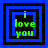 Four identical pixelated icons display 'i love you' text in green on black with blue and black borders, arranged in a