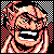 Pixel art icon of a character with light brown hair and intense expression, set against black background with checkered patterns.