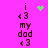 Pixelated icon with pink background, repeated text "i <3 my dad", and green animated sparkles in four positions.
